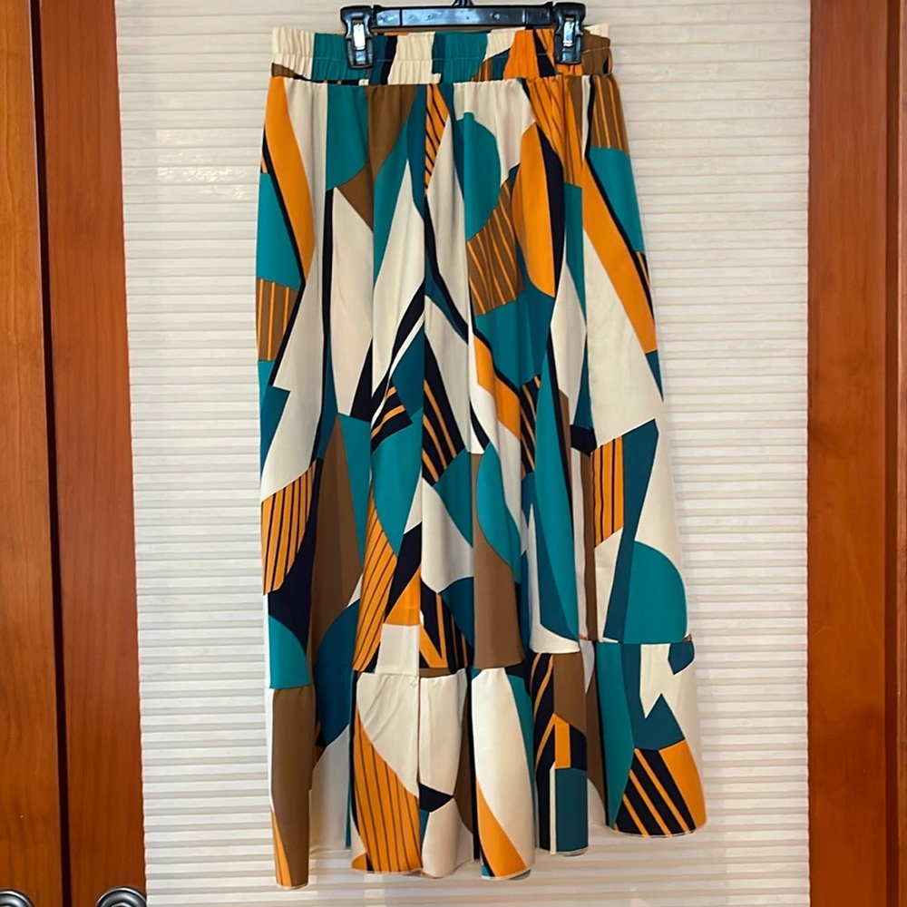 SHEIN geometric, print, teal orange, black ivory, brown skirt size large